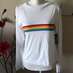White shirt with colorful stripe across the middle